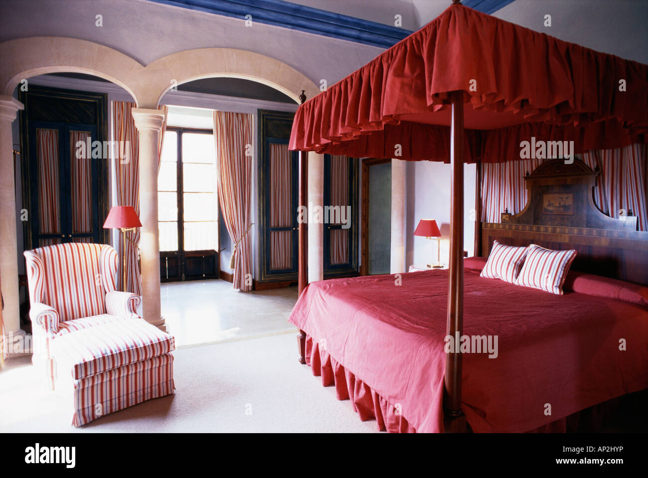 The Bedroom and bed in suite number 21, Hotel Son Net, Holiday, Accomodation, Puigpunyent, Mallorca, Spain Stock Photo