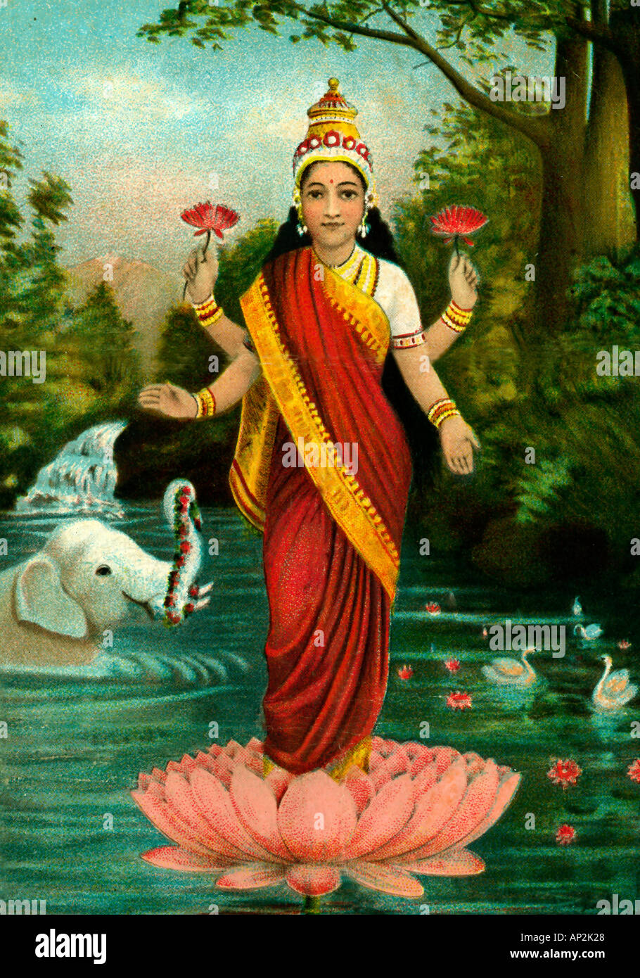 Painting of Laxmi indian goddess of wealth standing in