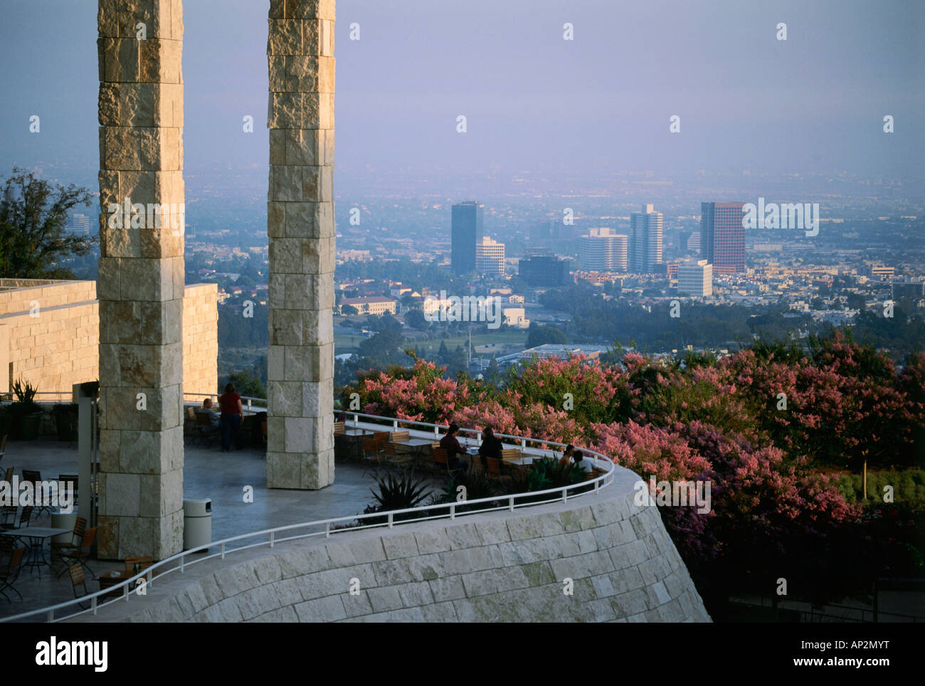 Getty Center with Los Angeles Downtown at sun set, L.A., California, USA Stock Photo