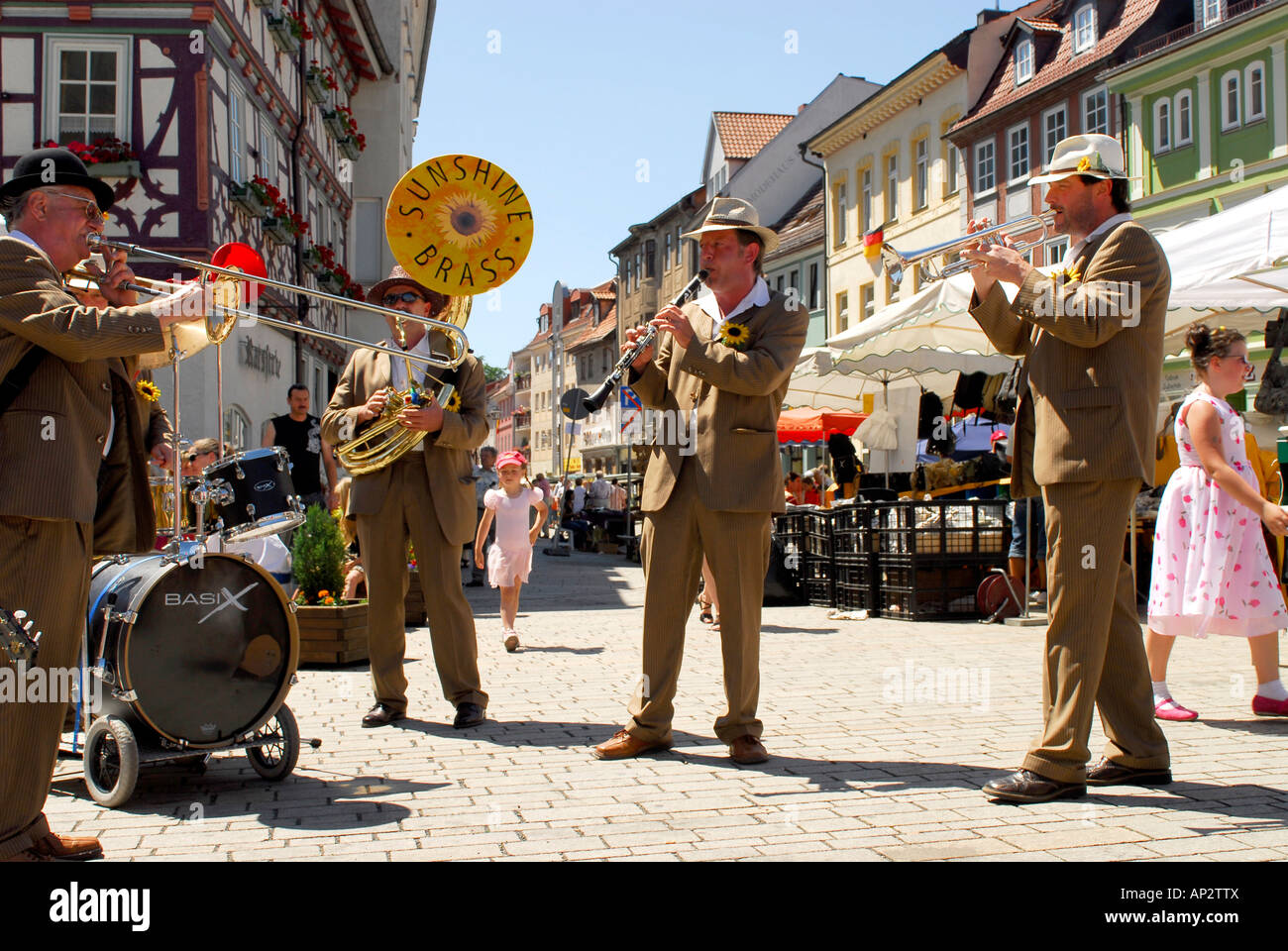 Sunshine Brass Band playing at a festival, Huetesfest in Meiningen, Thuringia, Germany Stock Photo