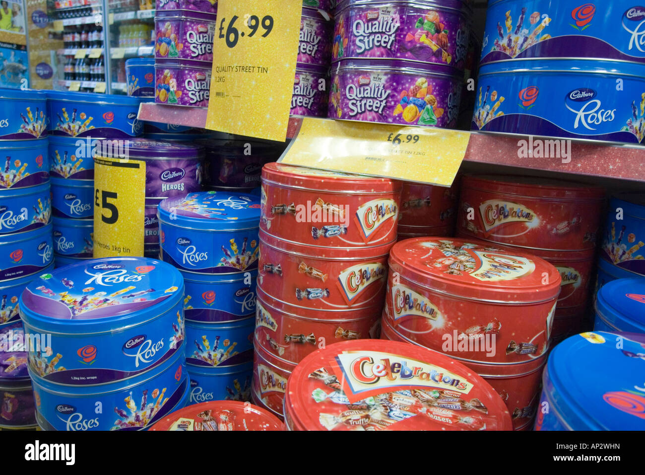 Tins of assorted chocolates for sale in a supermarket Stock Photo Alamy
