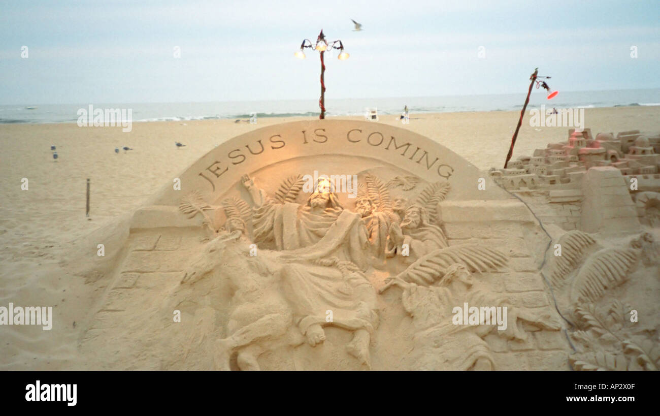 Sand sculpture of Jesus on the beach in Ocean City Maryland USA Stock