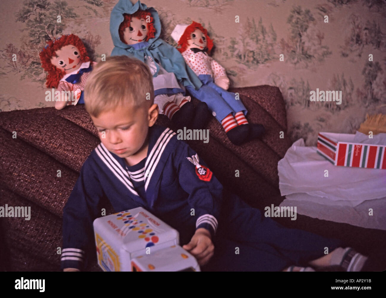 Vintage Christmas Picture from 1960 Boy with Wonder Bread Truck Stock Photo