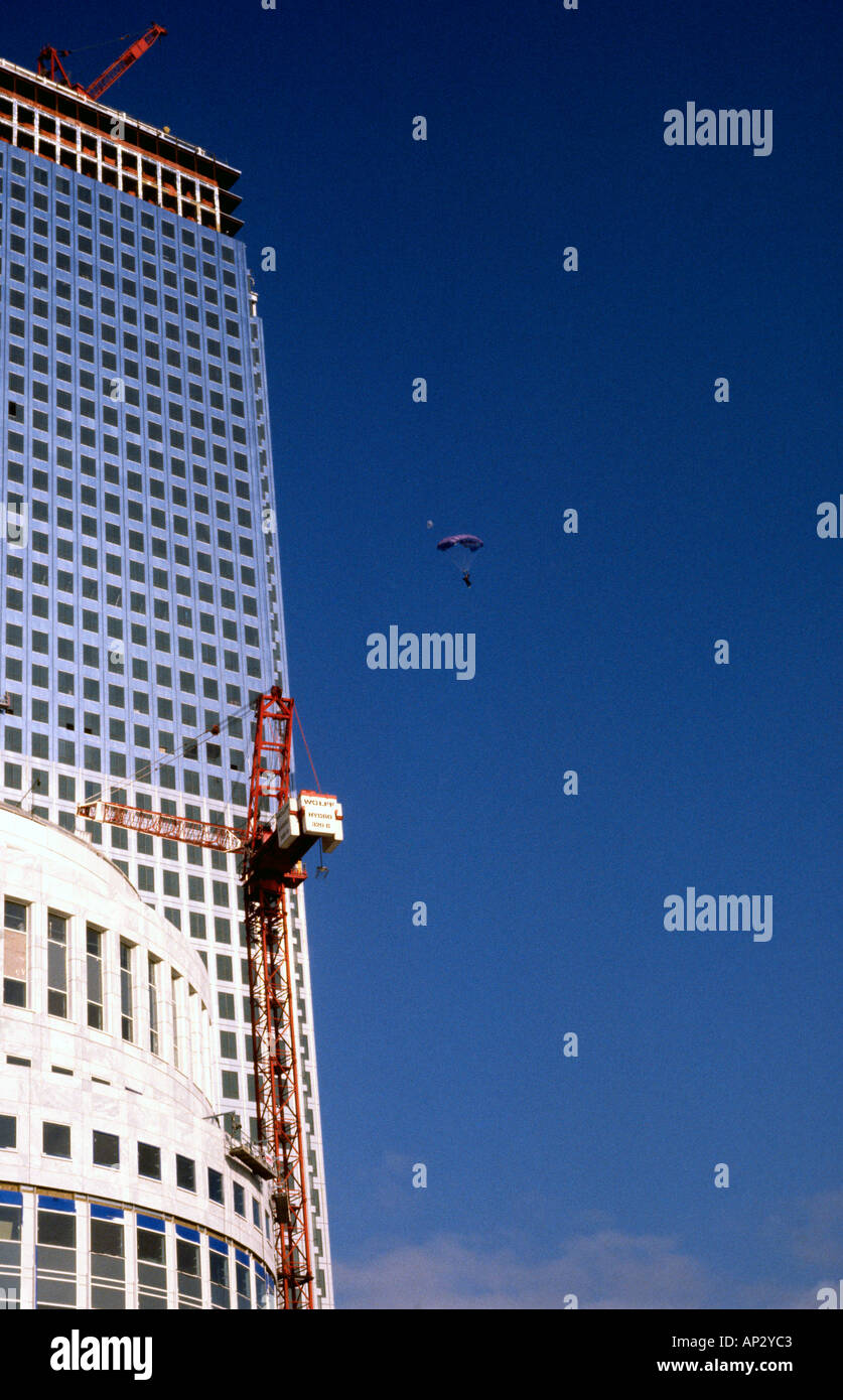 Australian Mark Scott making the first ever BASE Jump from Canary Wharf Tower Docklands London Great Britain Stock Photo