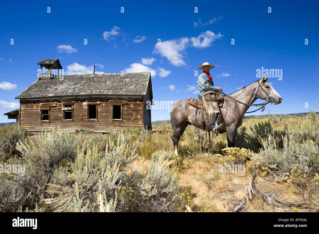 Cowboy with horse at old schoolhouse, wildwest, Oregon, USA Stock Photo