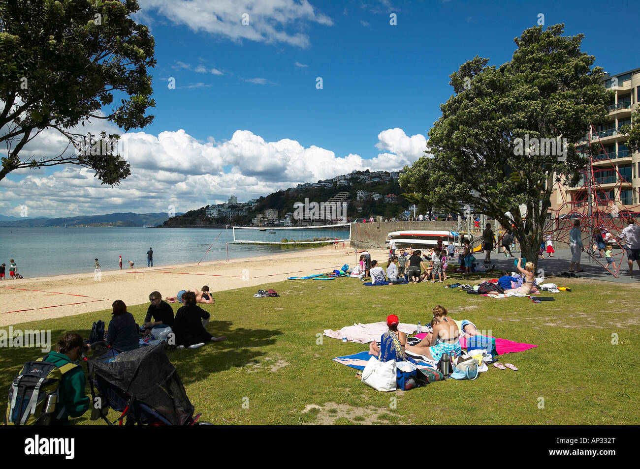 Beach at Oriental Parade, playground, beach boulevard at the harbour, Wellington, North Island, New Zealand Stock Photo