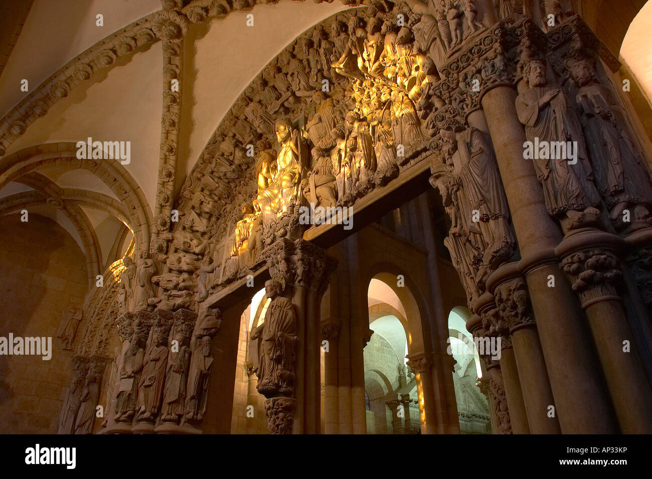 Sculptures by Meister Mateo, El Portico de la Gloria, westside of the Cathedral, Catedral de Santiago de Compostela, Santiago de Stock Photo