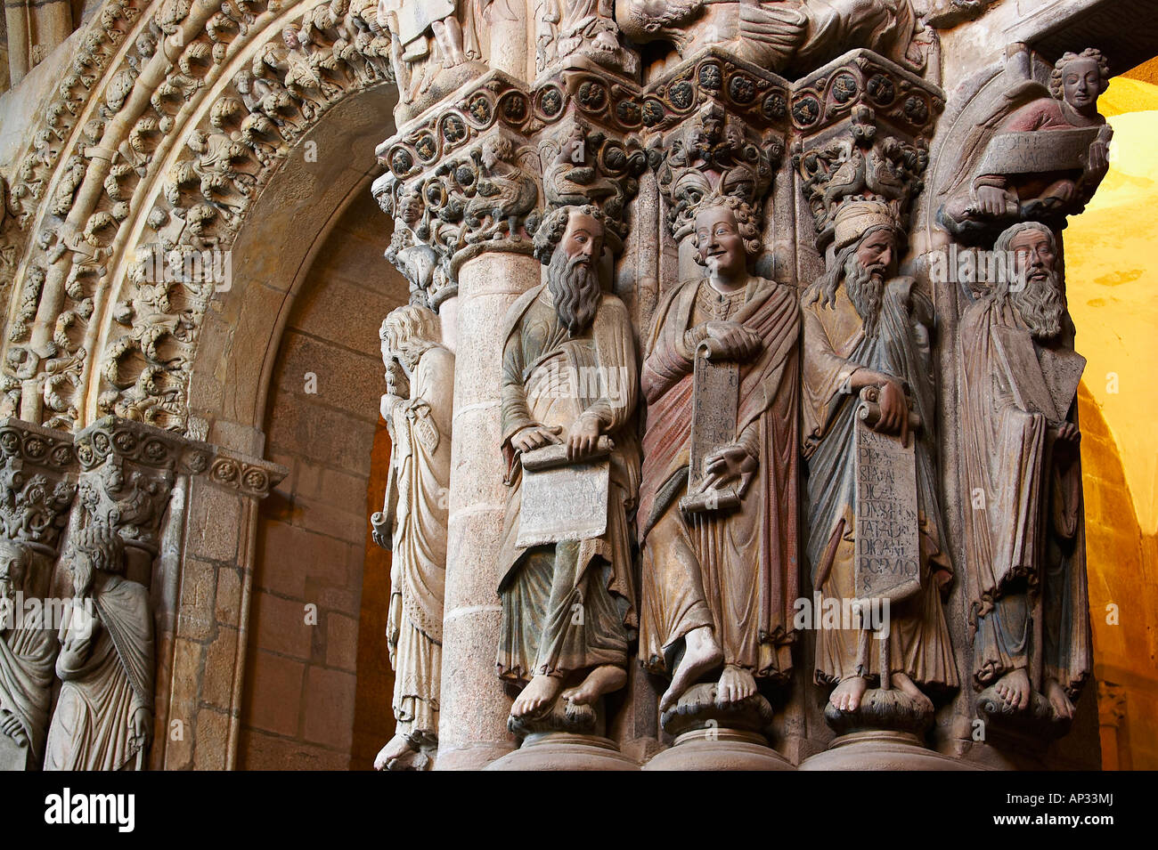 Sculptures by Meister Mateo, El Portico de la Gloria, westside of the cathedral, Catedral de Santiago de Compostela, Santiago de Stock Photo