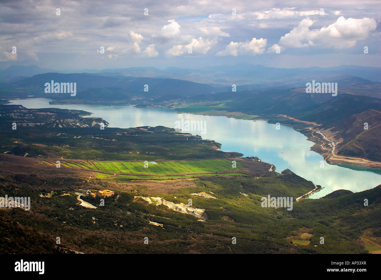 View from Arangoiti, 1353m towards Monasterio de Leyre und Embalse de Yesa, Navarra, Spain, Europe Stock Photo