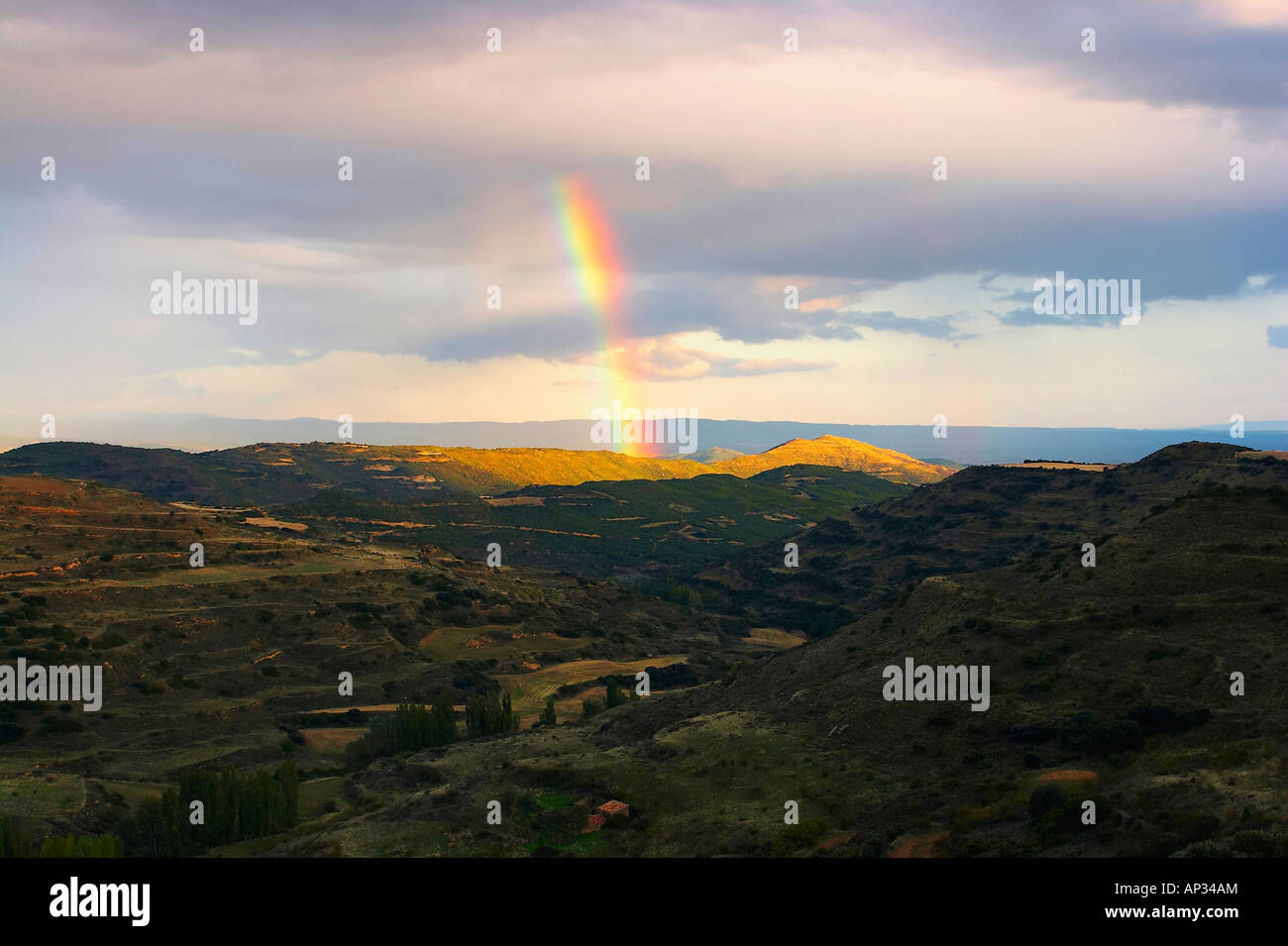 Landscape after thunderstorm with rainbow near Ujue, Navarra, Spain Stock Photo