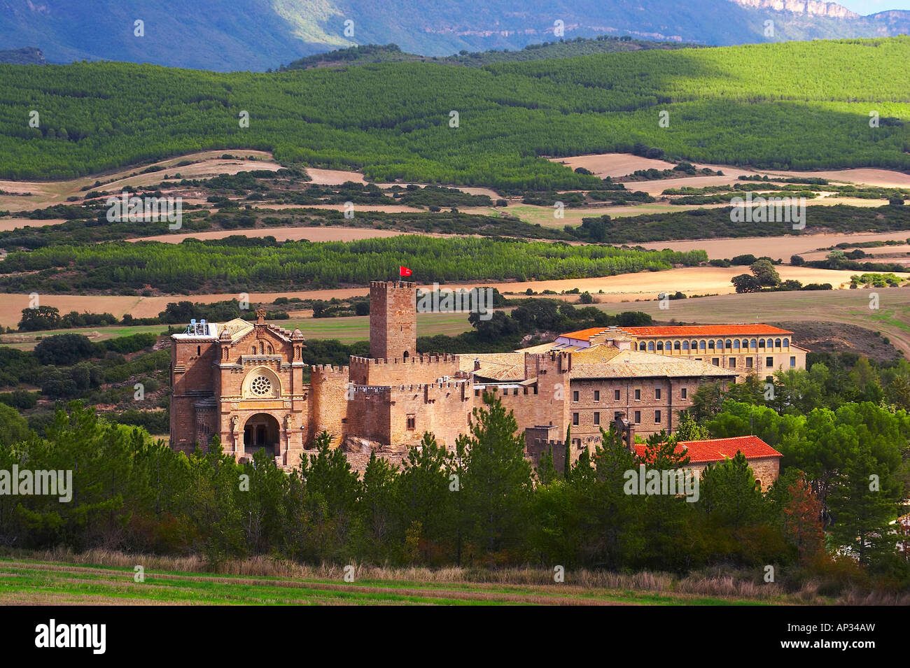 Landscape and mountains with castle, Castillo de Javier, Francisco Javier 1506, near Sangueesa, Navarra, Spain Stock Photo