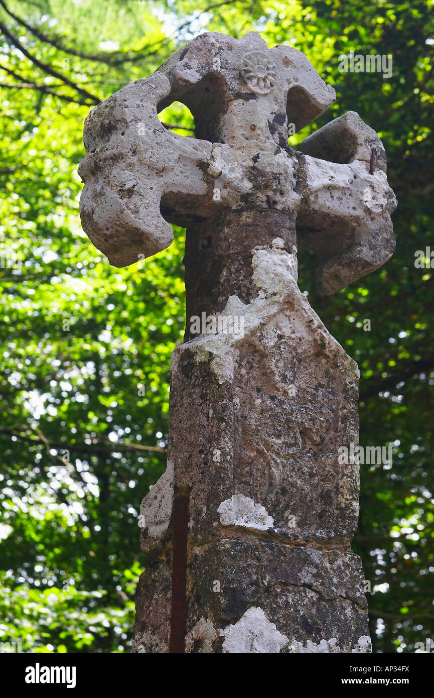 Close up of a stone cross, pilger cross, near Roncesvalles village, Camino de Santiago, Navarra, Spain Stock Photo