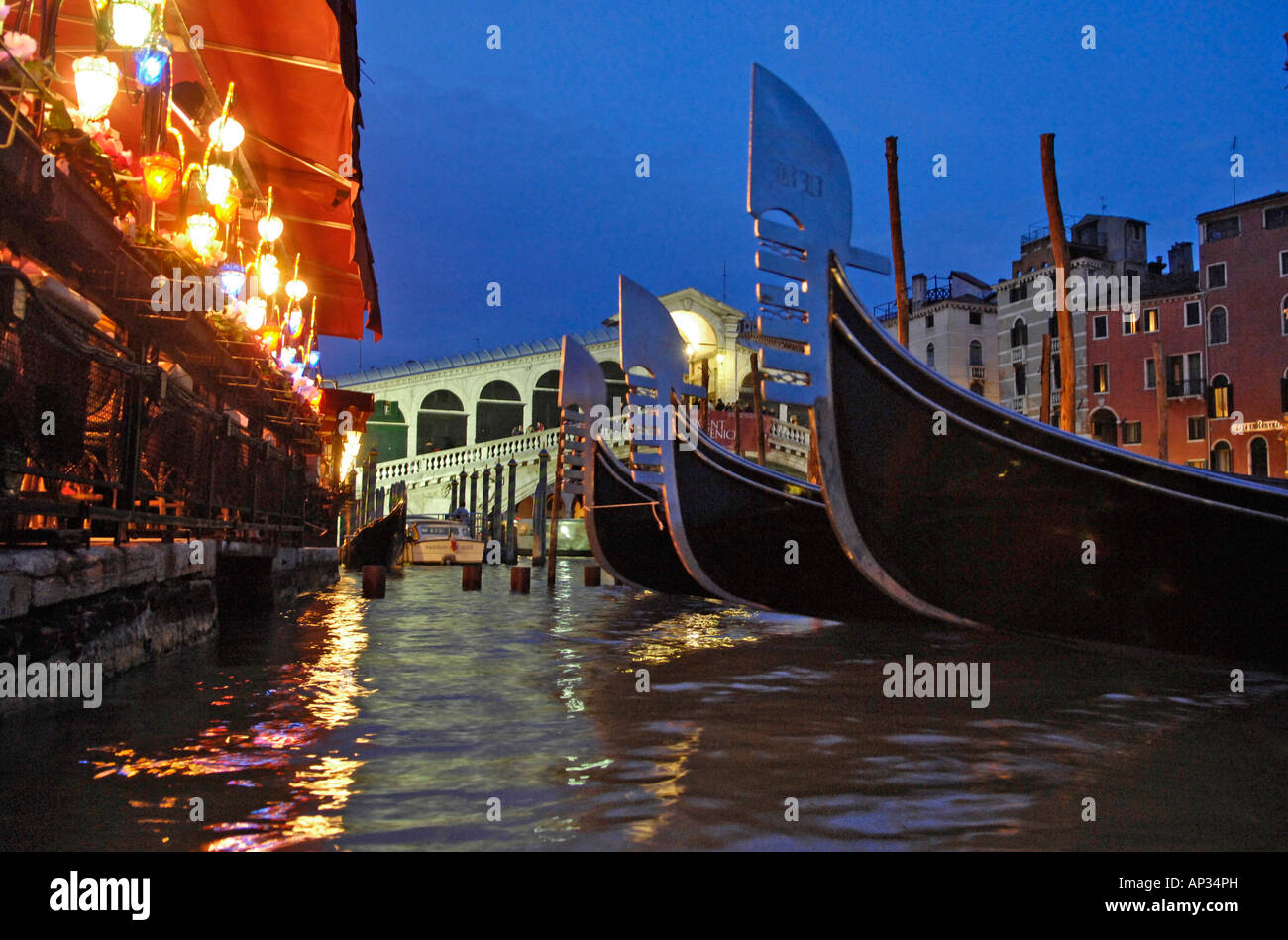 Restaurants, Gondola, Rialto Bridge, Venice, Veneto, Italy Stock Photo