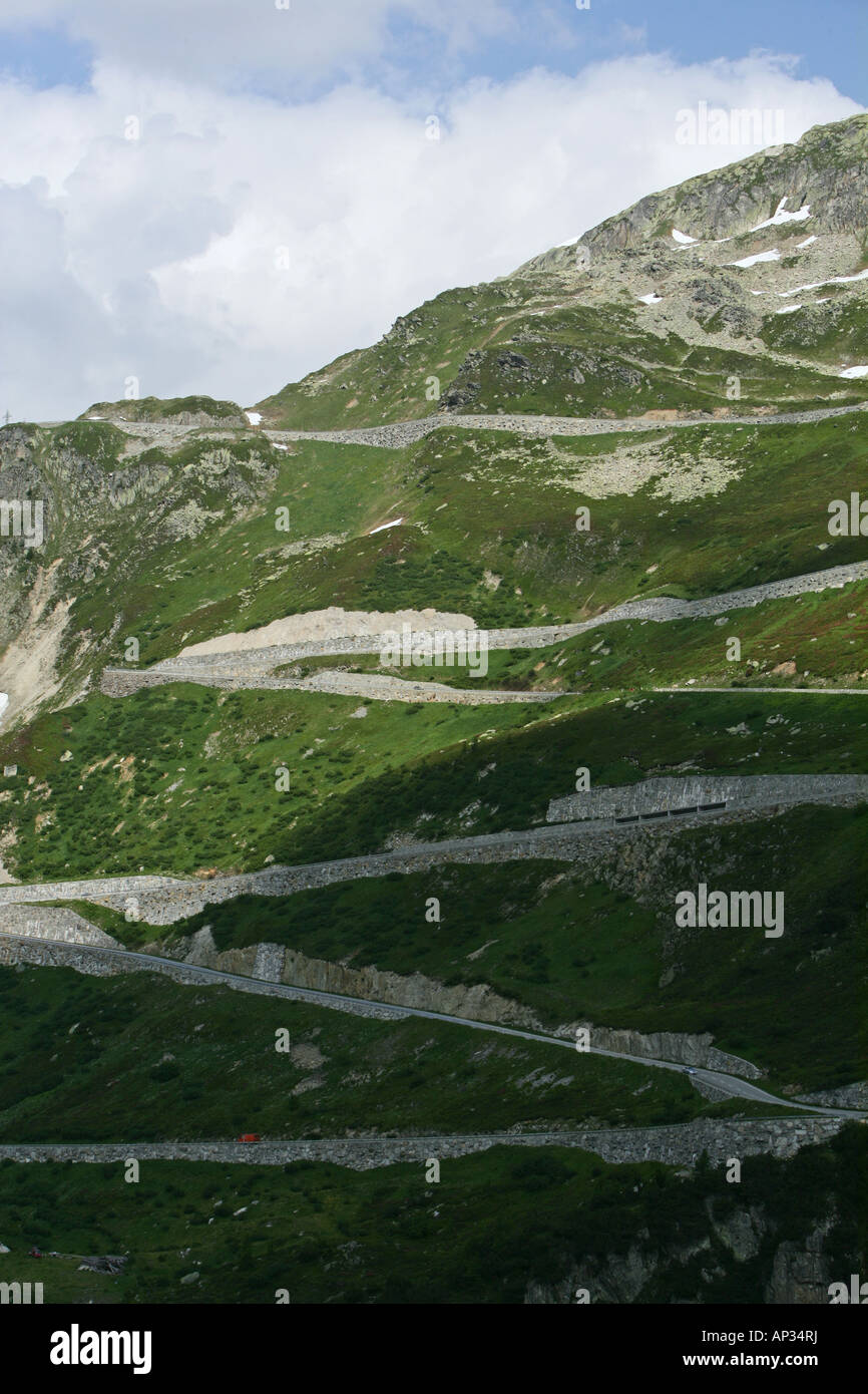 Serpentine, hairpin bend road, Furka Pass, June, Alps, Switzerland, Europe Stock Photo