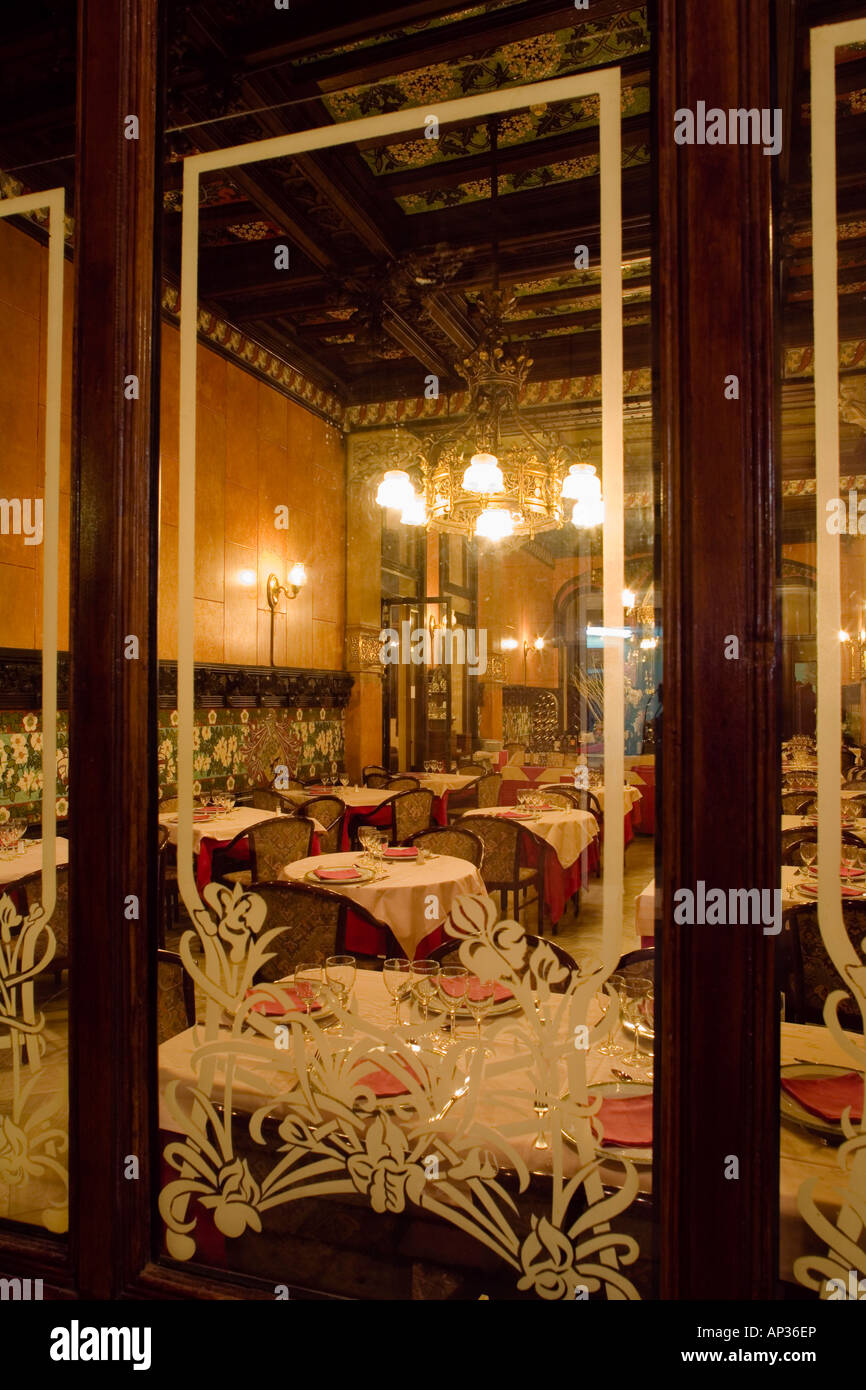 restaurant of Hotel d Espanya, design by Domenech i Montaner, modernisme, near La Rambla, El Raval, Ciutat Vella, Barcelona, Spa Stock Photo