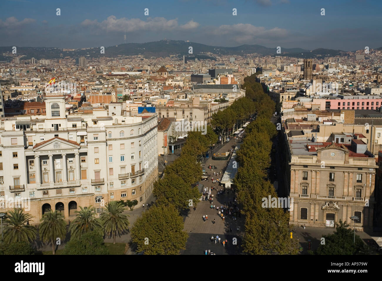 La Rambla, bird eye view from Monument a Colom, Les Rambles, Ciutat Vella, Barcelona, Spain Stock Photo