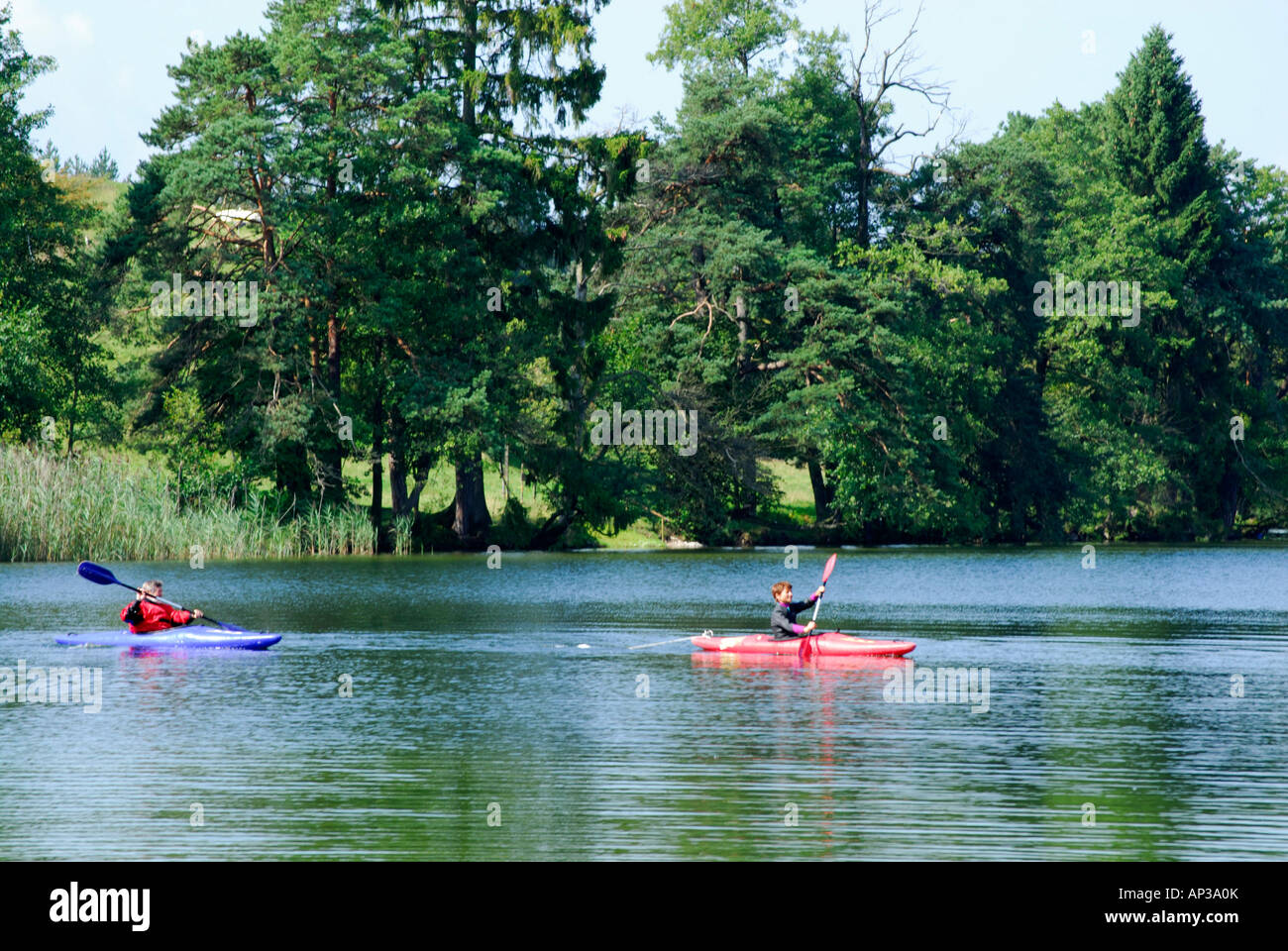 two kayakers on lake Fohnsee, Osterseen, Upper Bavaria, Bavaria ...