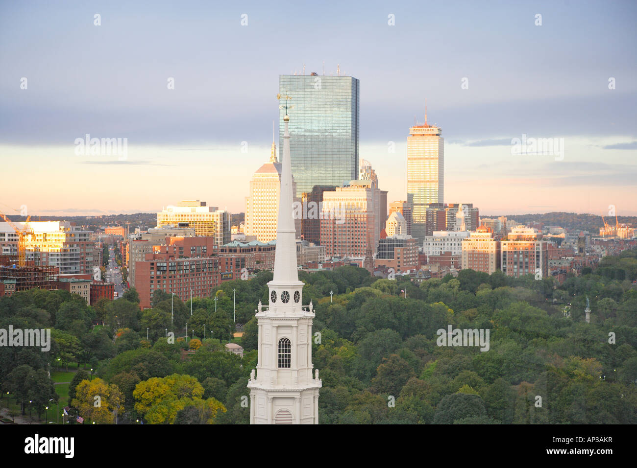 Park Street church, Boston Public Garden and Common and the business district with Hancock and Prudential towers, Boston, Boston Stock Photo