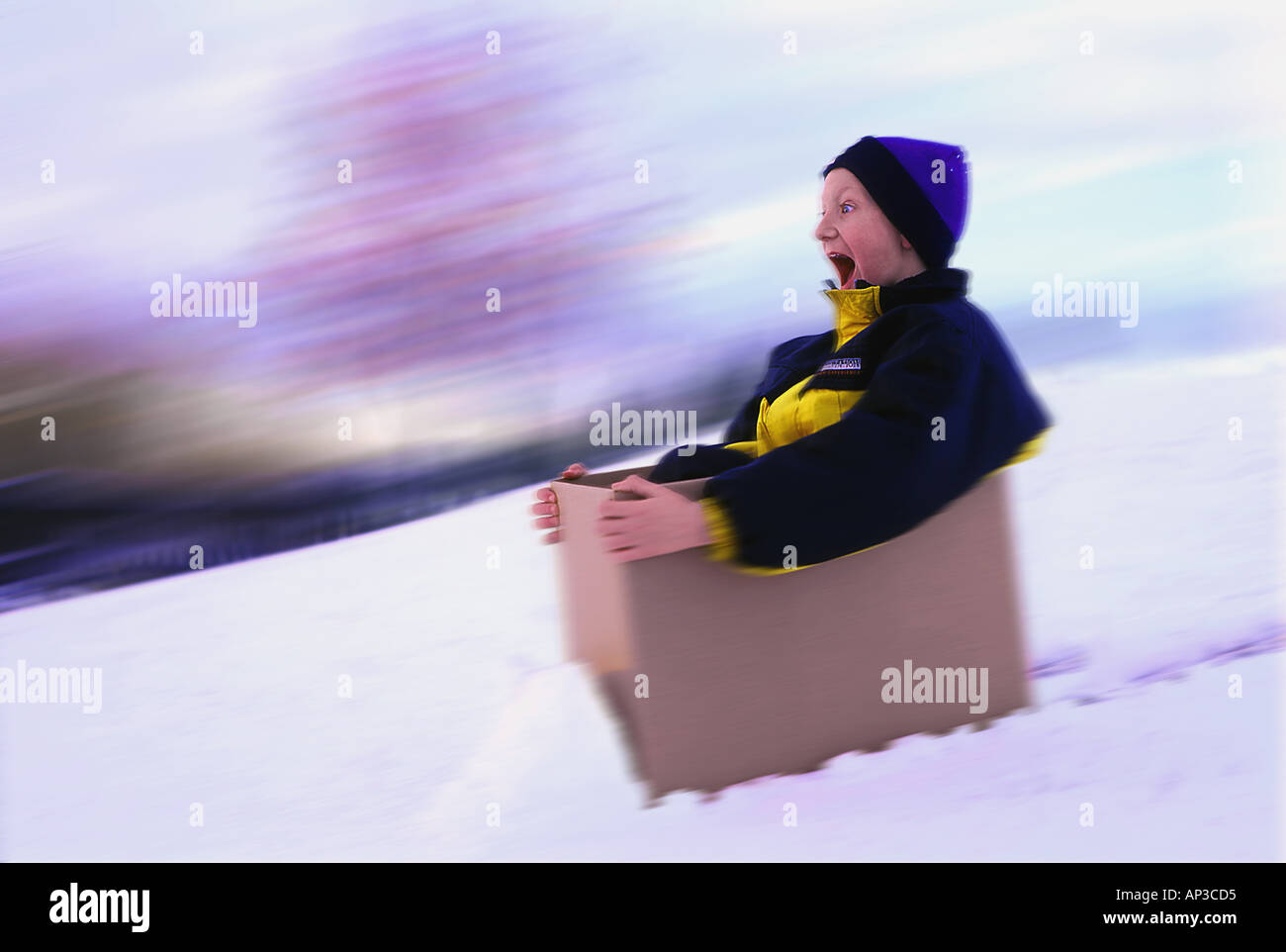 Boy sliding down hill in box Stock Photo Alamy