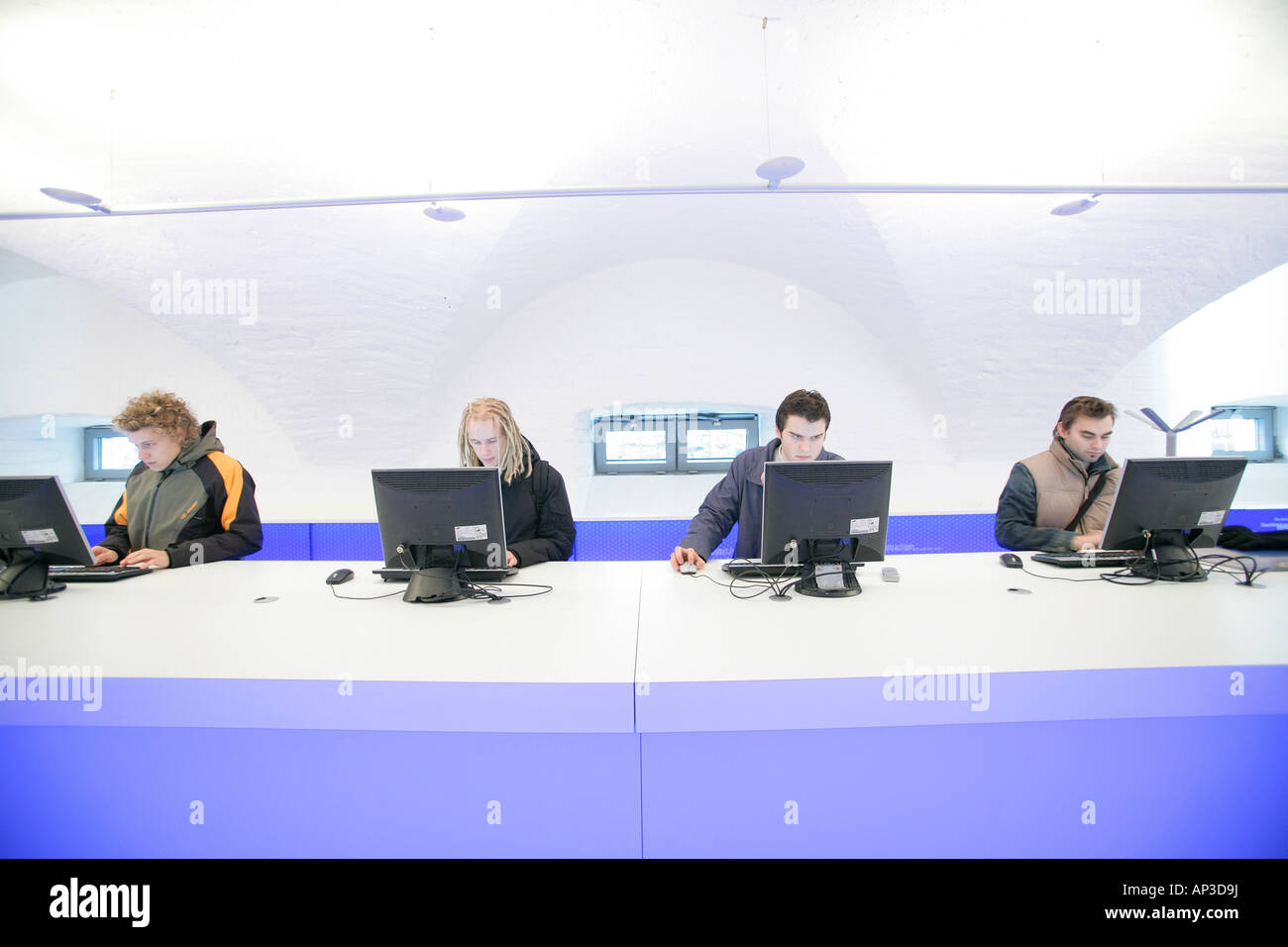 Students working on computers in the Uni Lounge, University, Ludwig Maximilians Universitaet, Munich, Bavaria, Germany Stock Photo