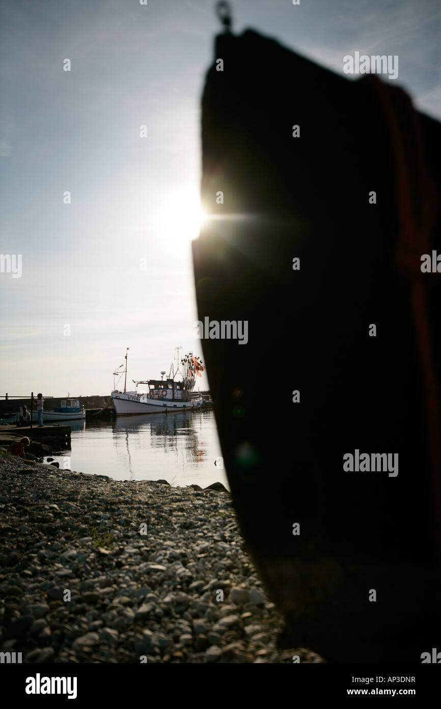 Fishing boats in the harbour and on the beach, Sysne, Gotland, Sweden Stock Photo