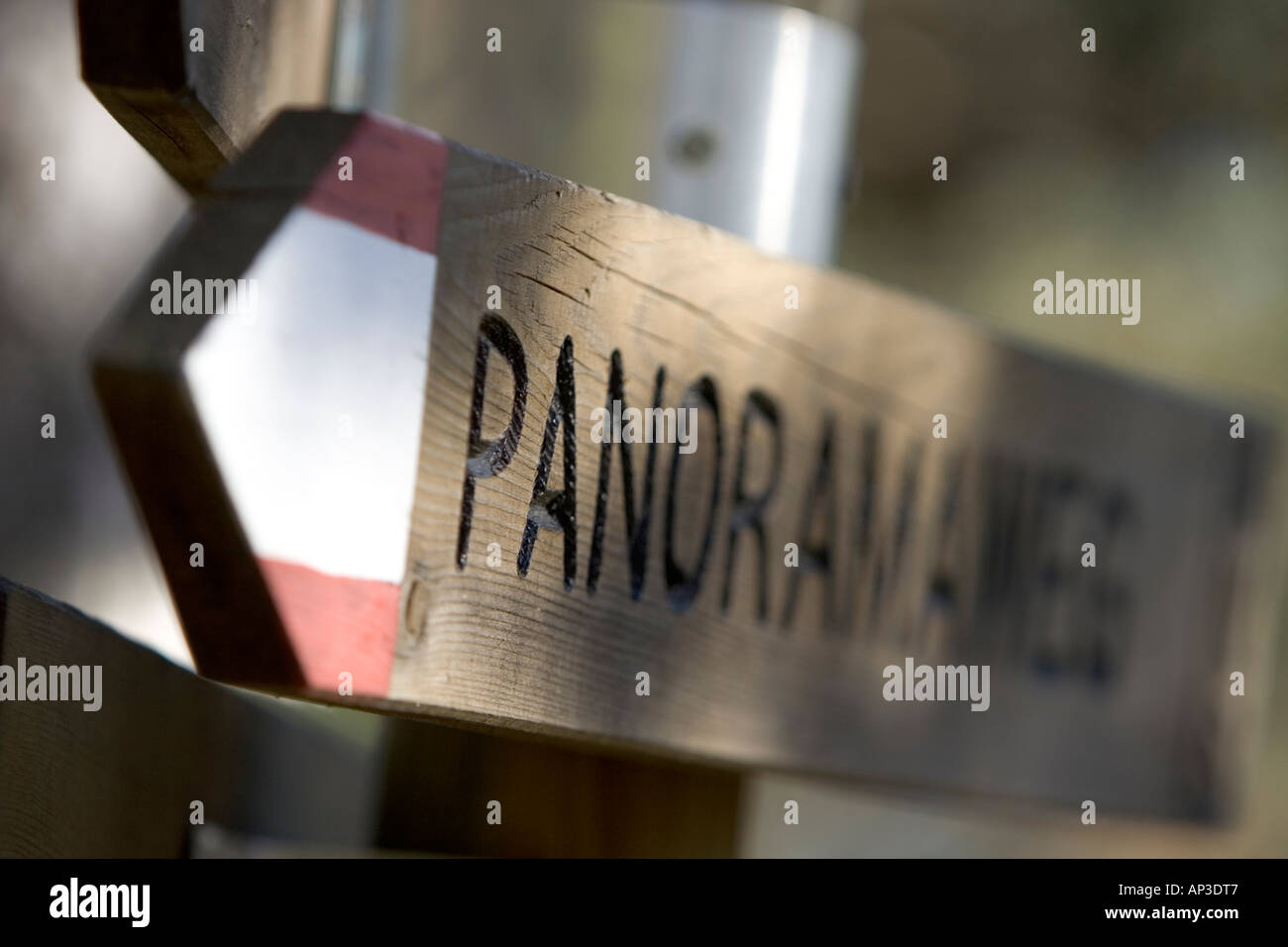 Mountain footpath way marker, or sign post for Panoramaweg. South Tyrol ...