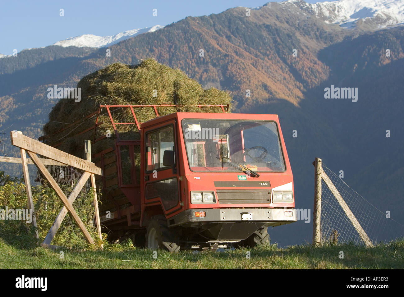 Mountain farm vehicle with load of freshly cut hay Stock Photo - Alamy