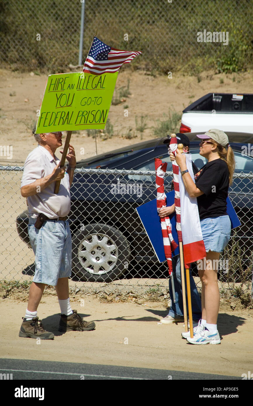 Counter demonstrators at a rally supporting Hispanic day laborers at a hiring site in Laguna Beach, CA. Stock Photo