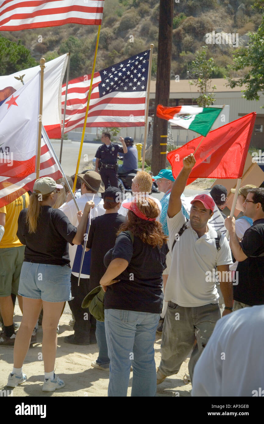 Counter demonstrators at a rally supporting Hispanic day laborers at a hiring site in Laguna Beach, CA. Stock Photo