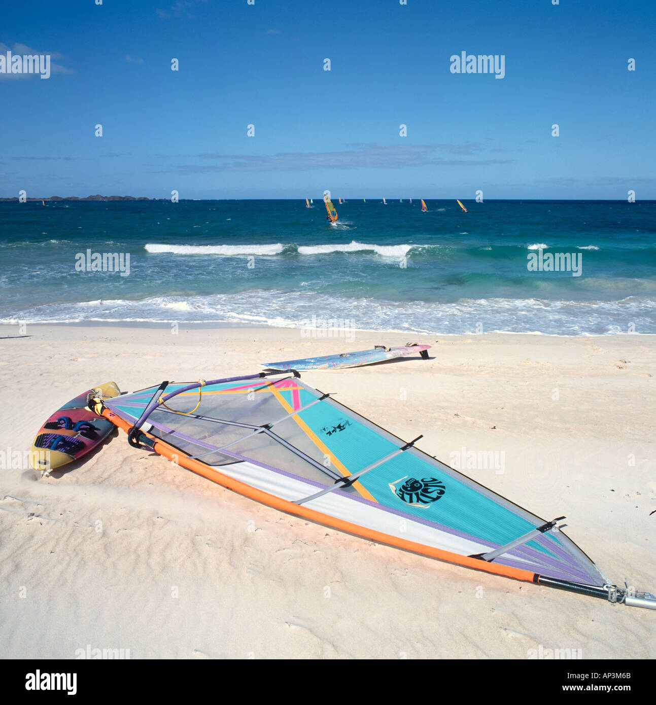 Windsurfing off the beach in Corralejo, Fuerteventura, Canary Islands, Spain Stock Photo