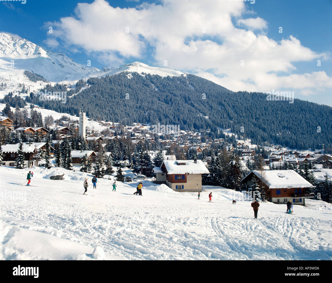 View over the nursery slopes near the resort centre, Verbier, Switzerland Stock Photo