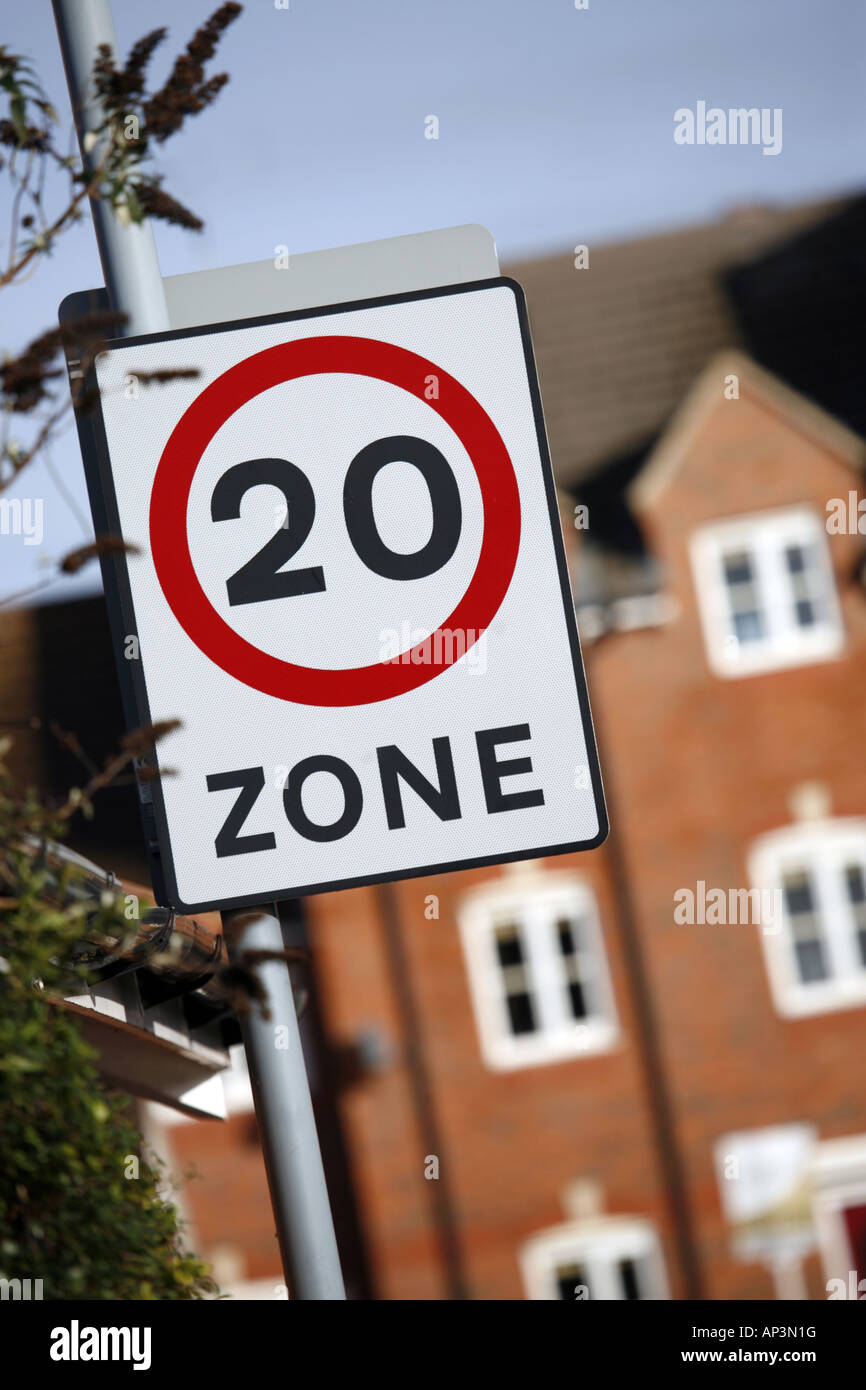 20 MPH Zone Sign in Residential Area Stock Photo