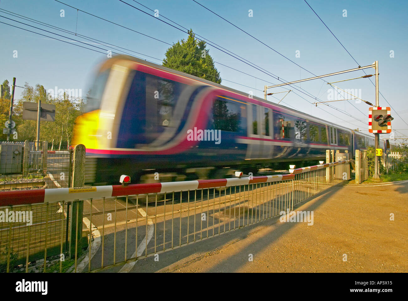 automatic barriers at a road rail crossing Stock Photo