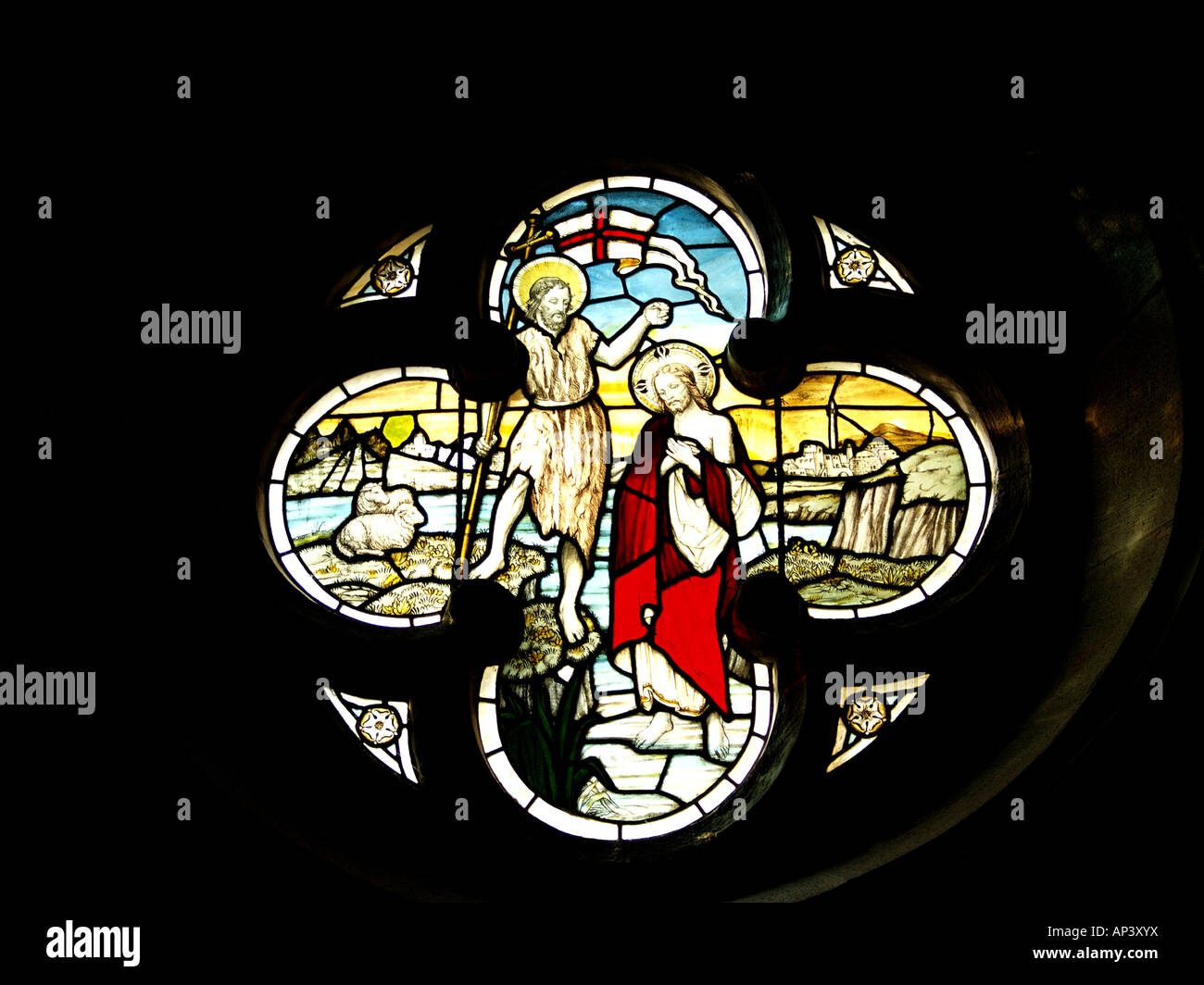 Stain glass window. St.Michael and All Angels Church. Bude, Cornwall, UK Stock Photo