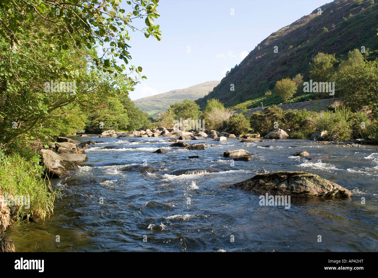 Aberglaslyn Pass and the Glaslyn river near Beddgelert, Snowdonia, Gwynedd, North Wales Stock Photo