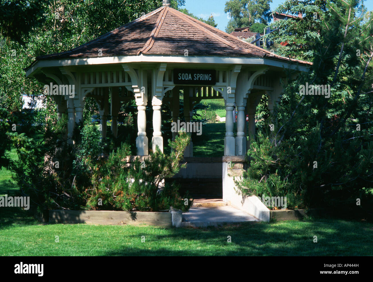 Soda spring gazebo in Lincoln park Steamboat Springs Colorado USA Stock