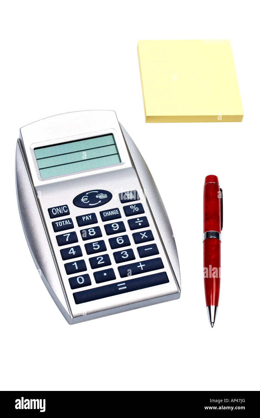 Notes pen and calculator over a white background Stock Photo