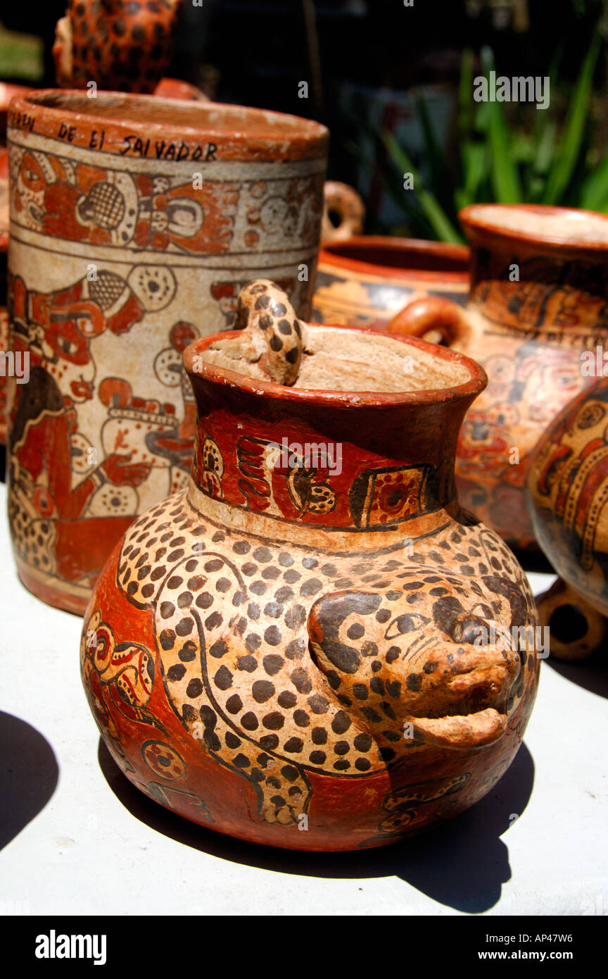 Central America, El Salvador, San Salvador, Joya de Ceren (Jewel of Ceren). Replicas of Mayan pottery for sale. Leopard vase. Stock Photo