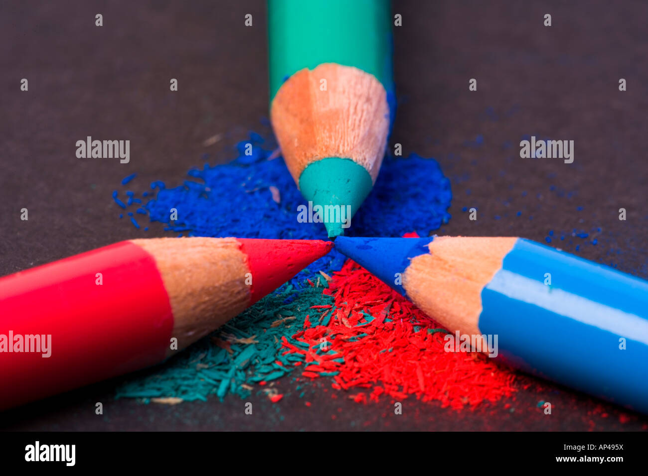 3 pencils red green blue primary colors Stock Photo