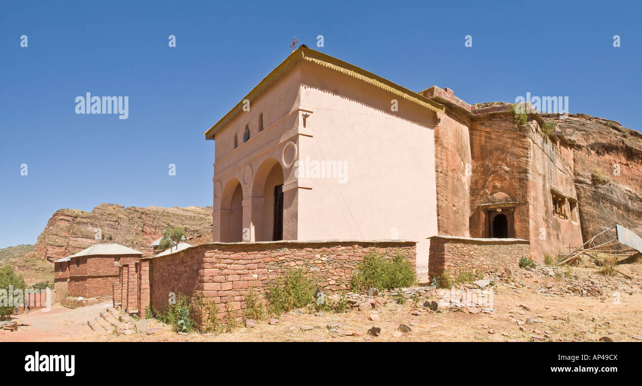 A 2 picture stitch panoramic of Abraha Atsbeha - a semi monolithic church built in the 10th century. Stock Photo
