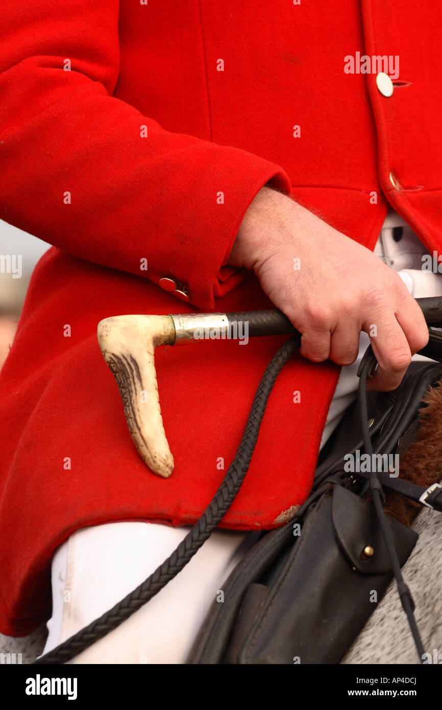 Fox hunting hunter rider wearing scarlet jacket with riding crop in Somerset England Stock Photo