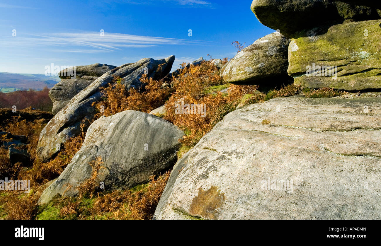 Close up view of rock formation on Hathersage Moor in the Peak District ...