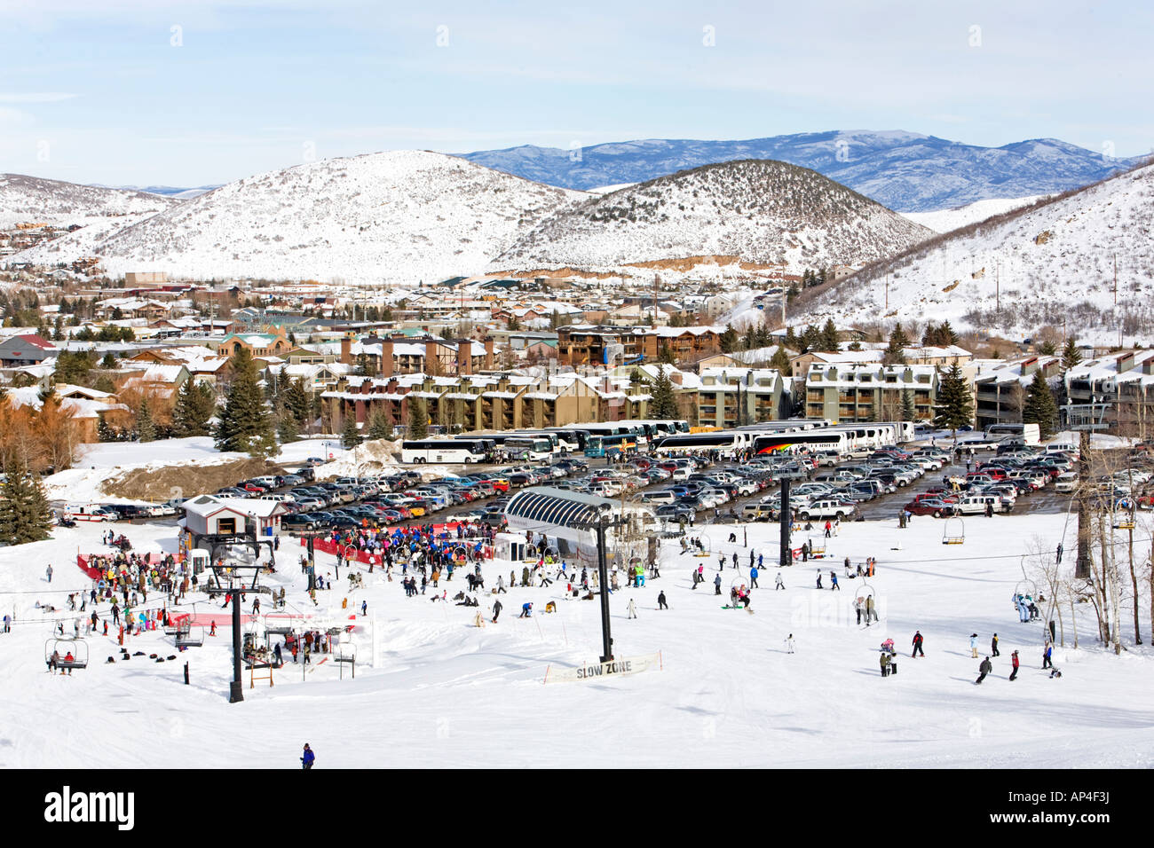 Park City winter ski resort Utah. Looking down into the valley and ski