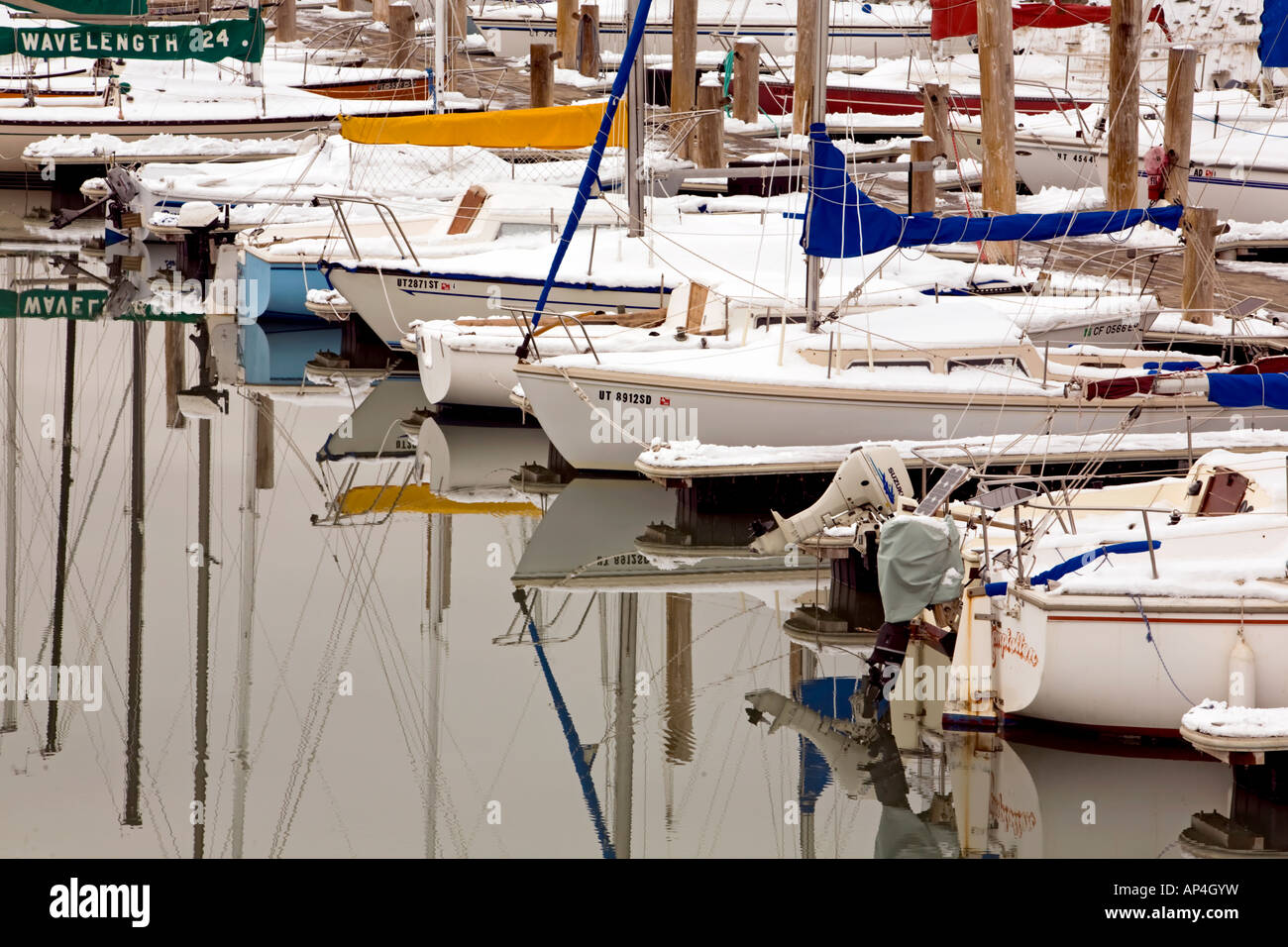 Boat harbor sailboats winter with reflection in water Stock Photo - Alamy