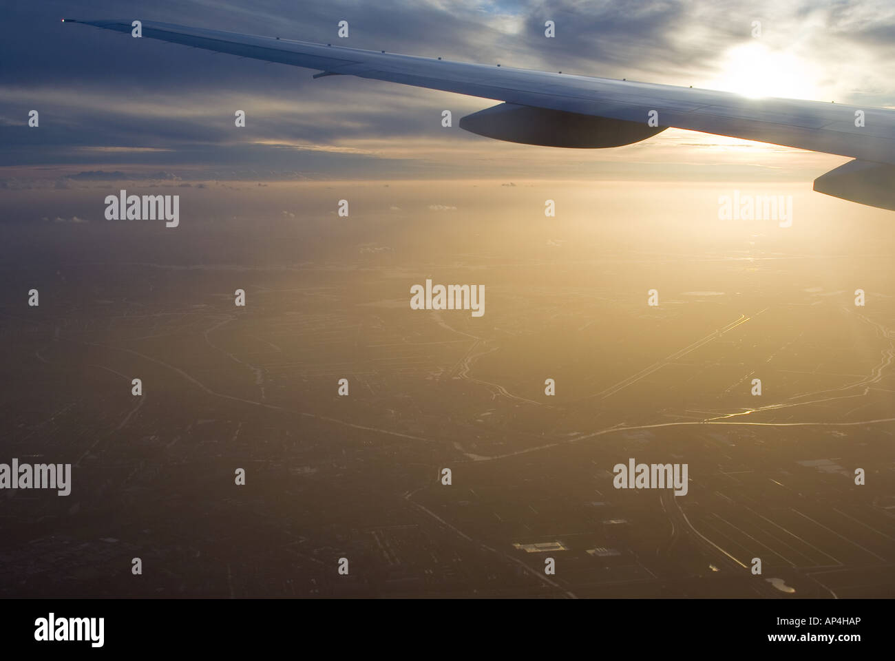 view from the window of a KLM Boeing 777 as it comes in to land at Amsterdam Shiphol airpor Stock Photo