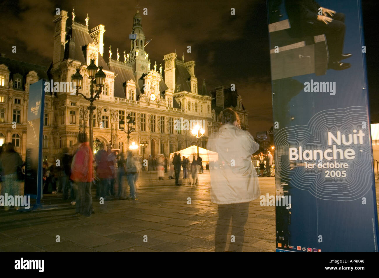 The Paris Town Hall, Hotel de Ville, during the Nuit Blanche event when city venues remain open all night for visitors. Stock Photo