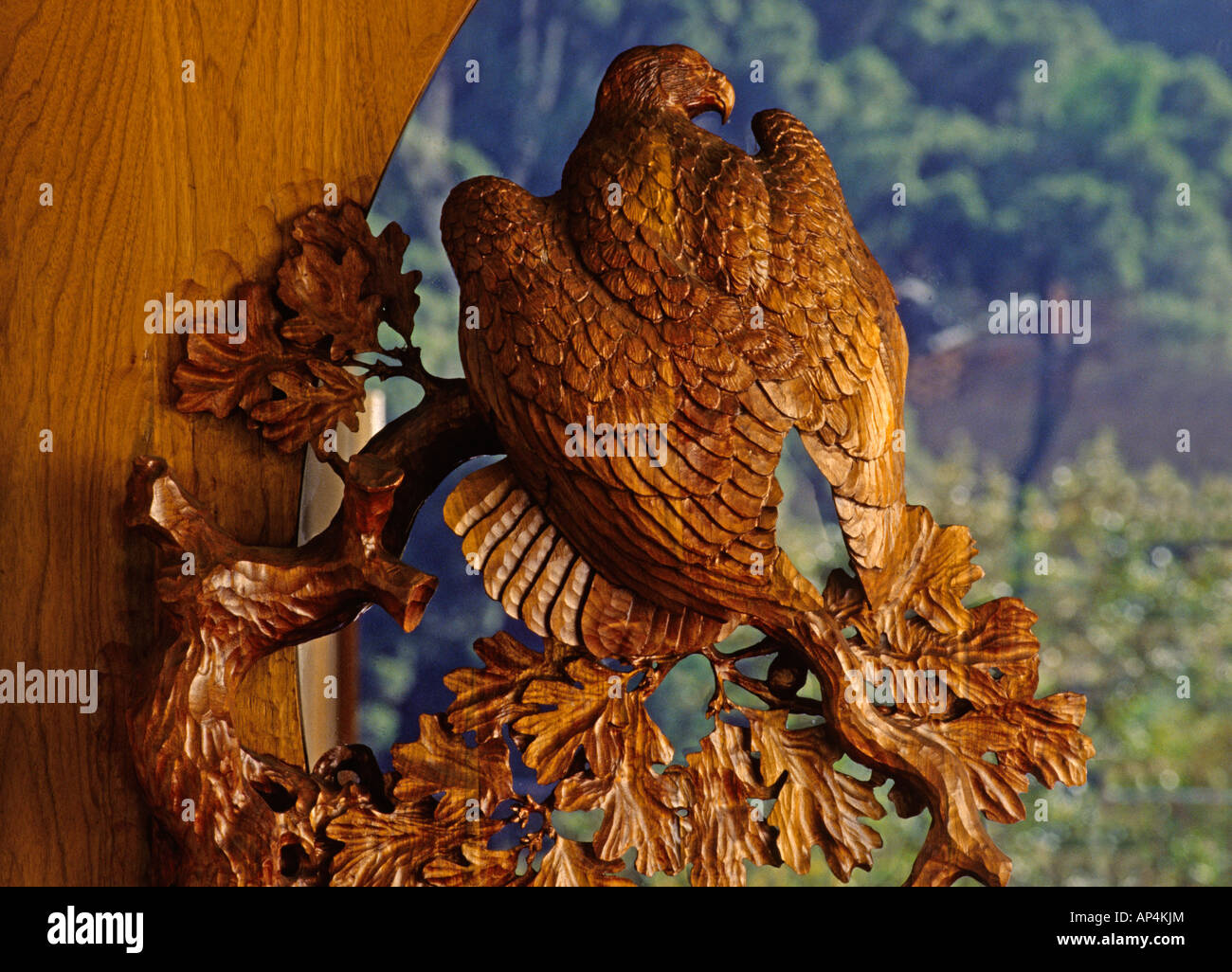 CLOSE UP of hand carved WOODEN DOORS of GOLDEN EAGLE by the artist WILLIAM SCHNUTE PR Stock Photo