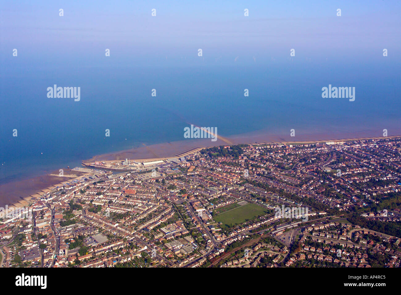 Aerial view of whitstable in kent including the longbeach and harbour and shingle street Stock Photo