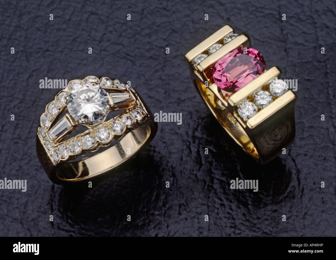 RINGS set in GOLD with DIAMONDS and Pink TOURMALINE Stock Photo