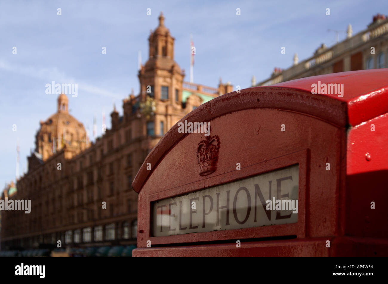 Harrods shop and telephone box in Kensington London England Stock Photo